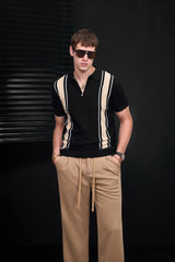 Retro Stripe Zip Polo BLACK/KHAKI