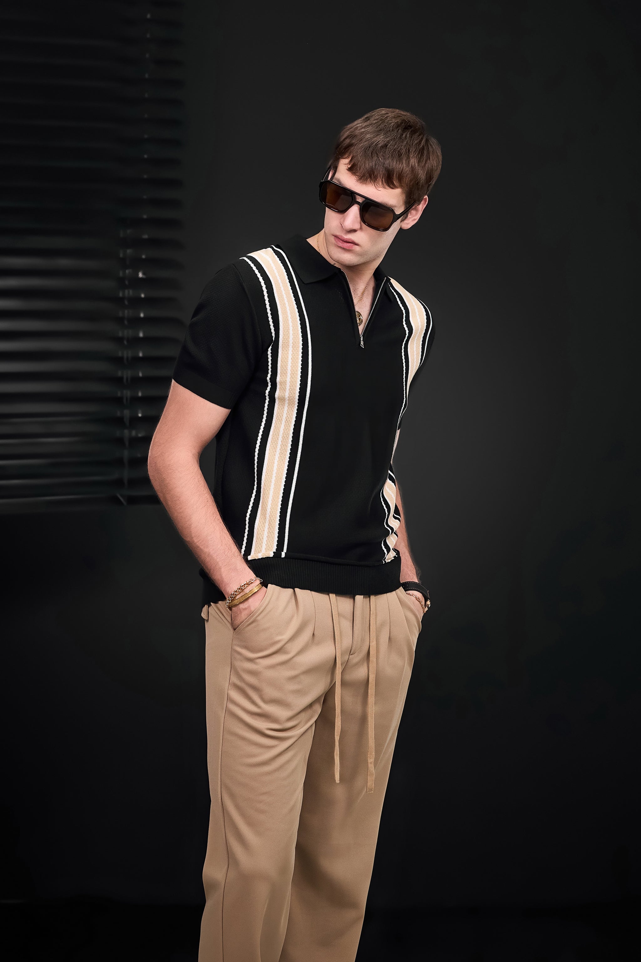 Retro Stripe Zip Polo BLACK/KHAKI
