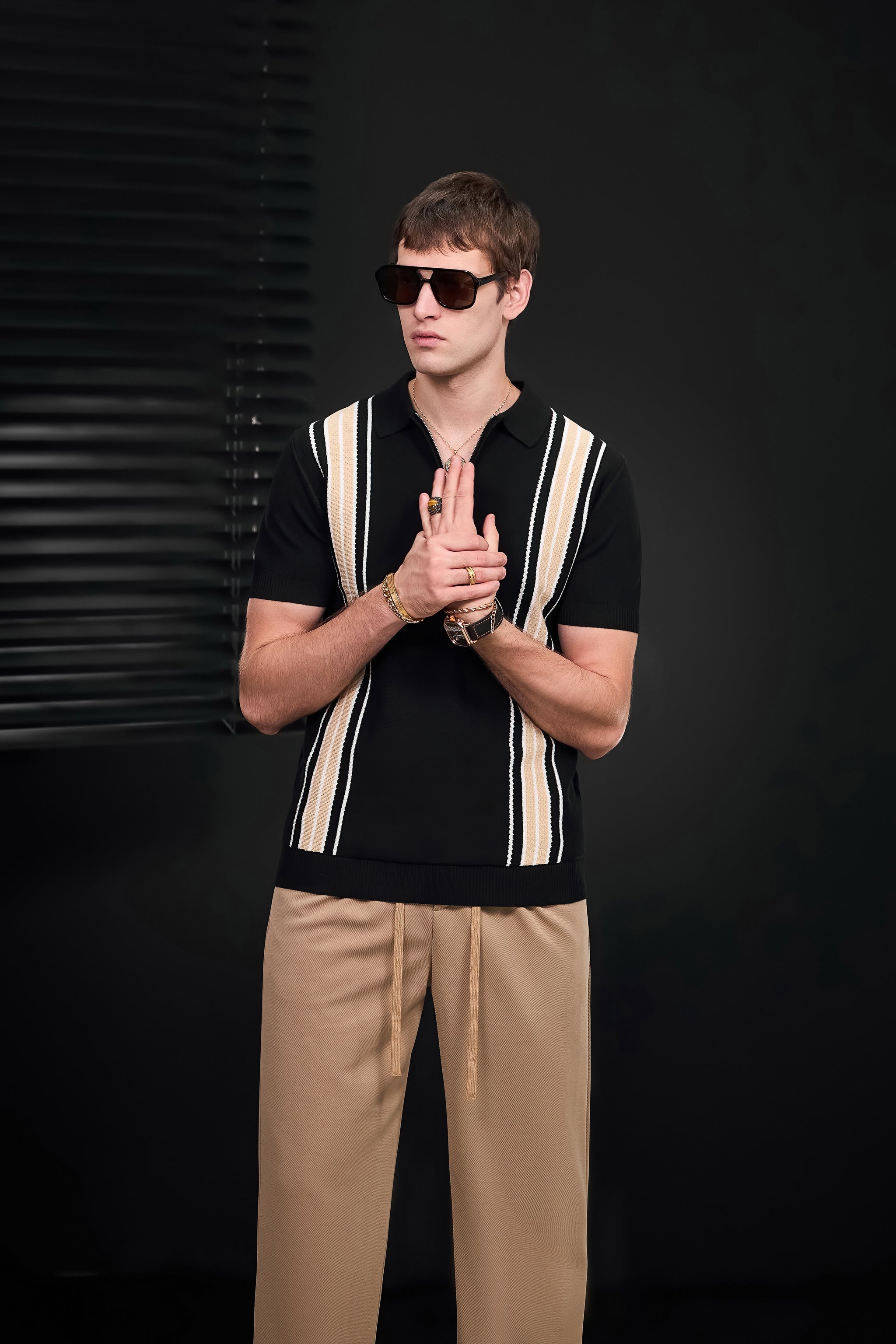 Retro Stripe Zip Polo BLACK/KHAKI