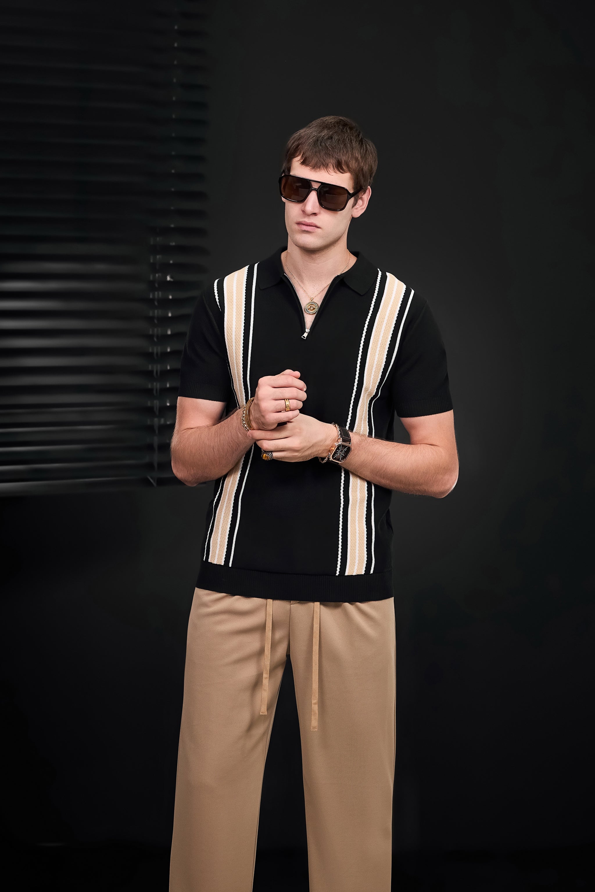 Retro Stripe Zip Polo BLACK/KHAKI