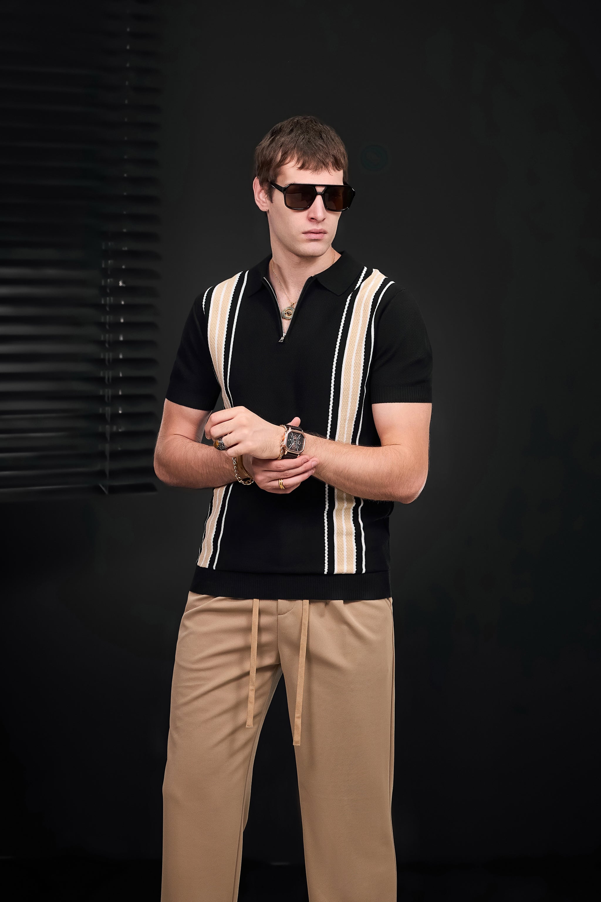 Retro Stripe Zip Polo BLACK/KHAKI