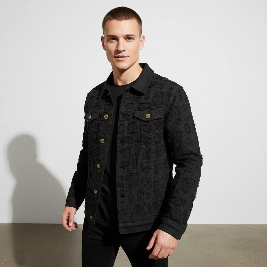 Patchwork Distressed Denim Jacket- CENTURY PENTHOUSE BLACK