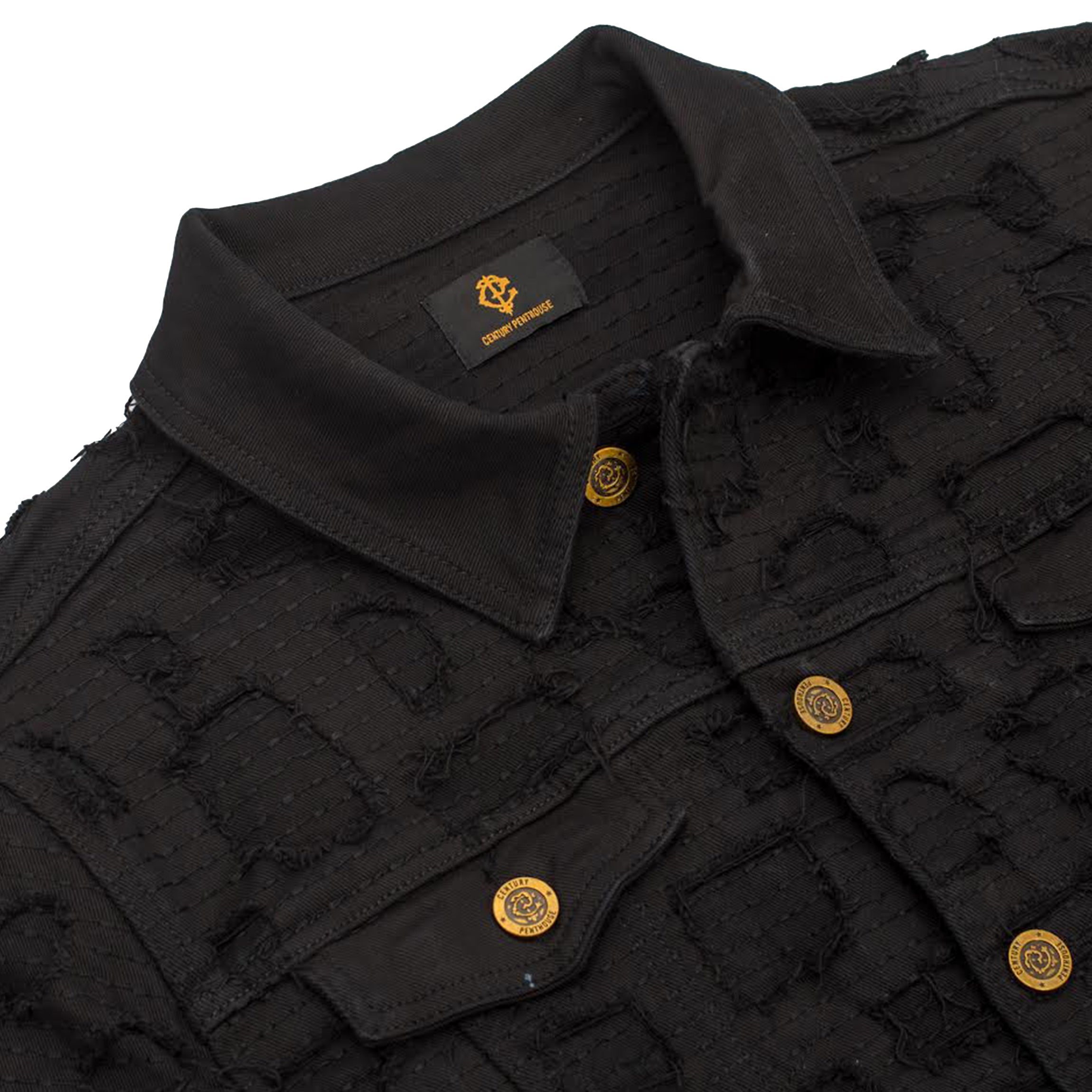 Patchwork Distressed Denim Jacket- CENTURY PENTHOUSE BLACK
