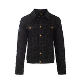 Patchwork Distressed Denim Jacket- CENTURY PENTHOUSE BLACK