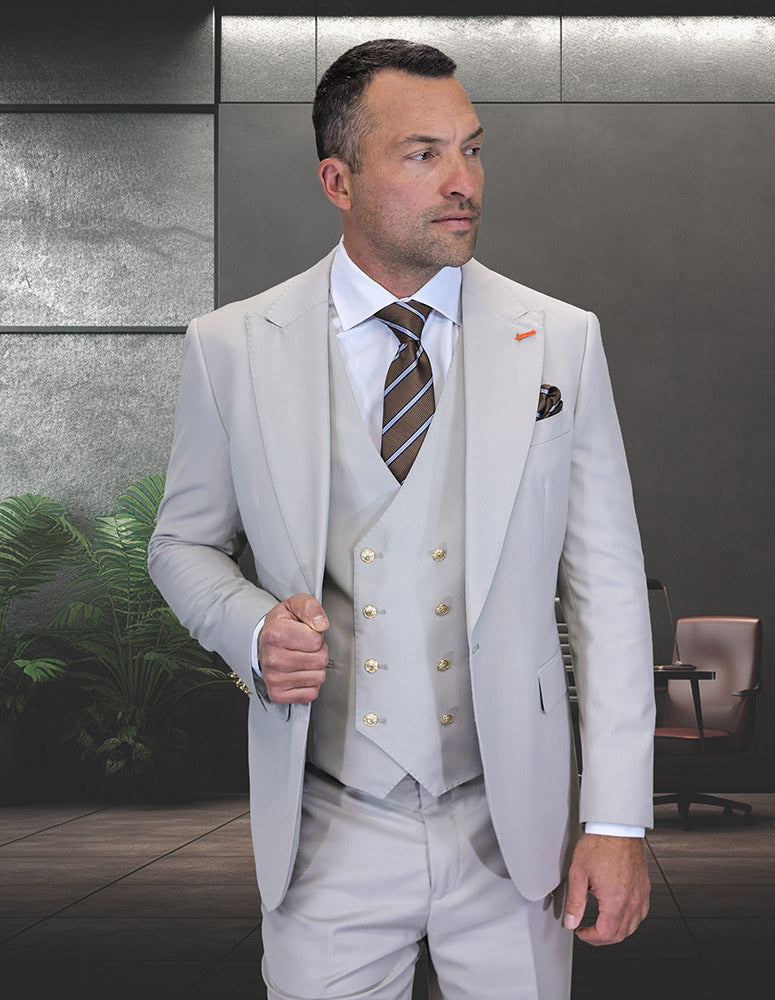 Men’s Ash 3pc suit modern fit Italian Super 200’s wool flat front pants gold buttons STATEMENT SUITS AMIRI