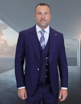 Men’s Navy 3pc suit modern fit Italian Super 200’s wool flat front pants gold buttons STATEMENT SUITS AMIRI
