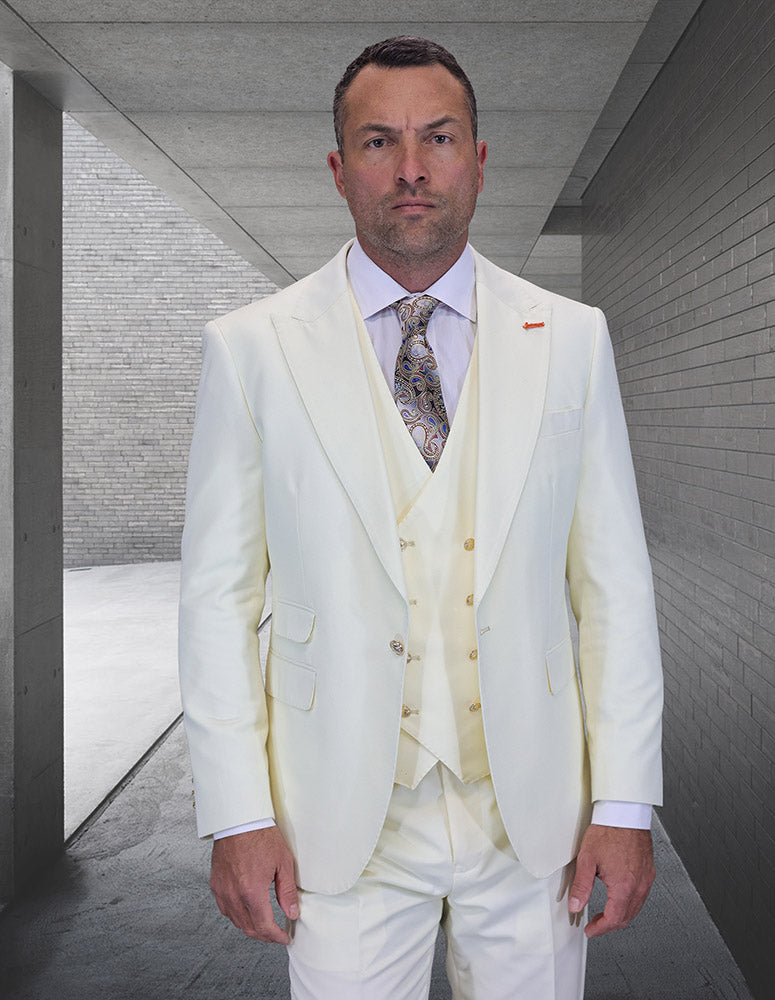 Men’s Off White 3pc suit modern fit Italian Super 200’s wool flat front pants gold buttons STATEMENT SUITS AMIRI