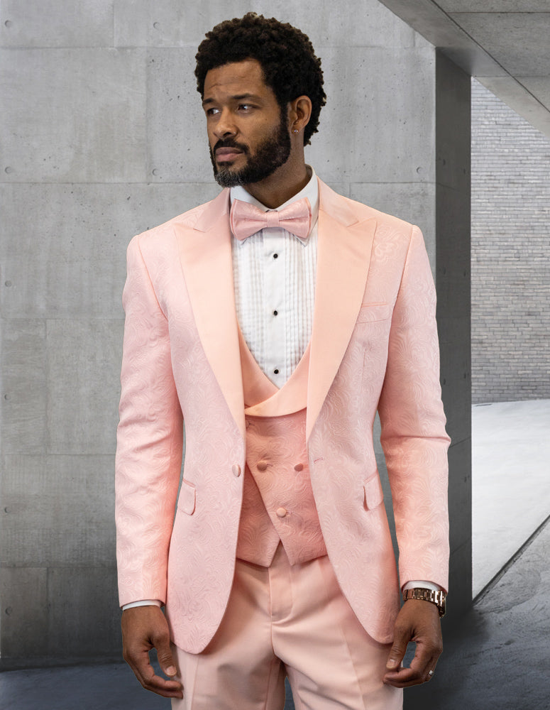 Men’s Blush solid 3pc fancy tuxedo tailored fit double-breasted vest matching bow-tie STATEMENT SUITS BELAGIO13