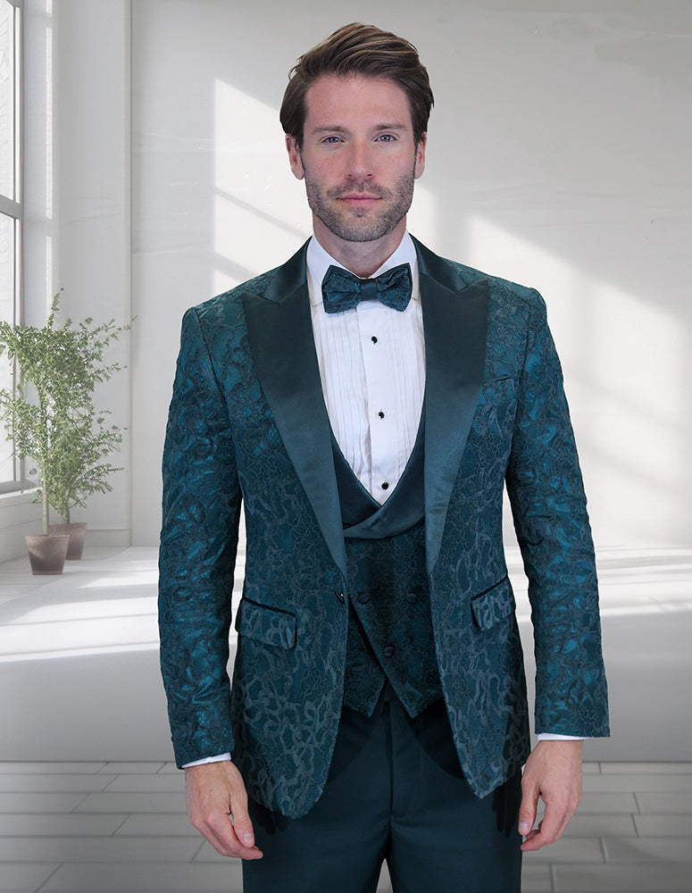 Men’s Hunter solid 3pc fancy tuxedo tailored fit double-breasted vest matching bow-tie STATEMENT SUITS BELAGIO17