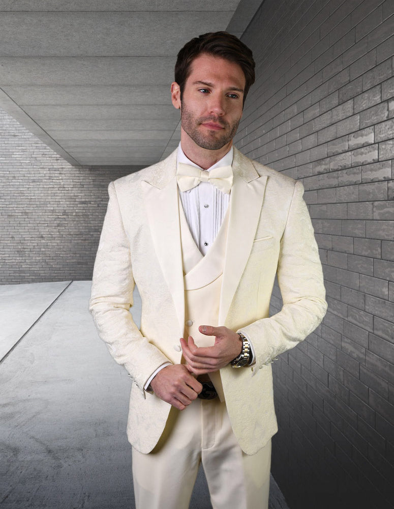 Men’s Off White solid 3pc fancy tuxedo tailored fit double-breasted vest matching bow-tie STATEMENT SUITS BELAGIO14