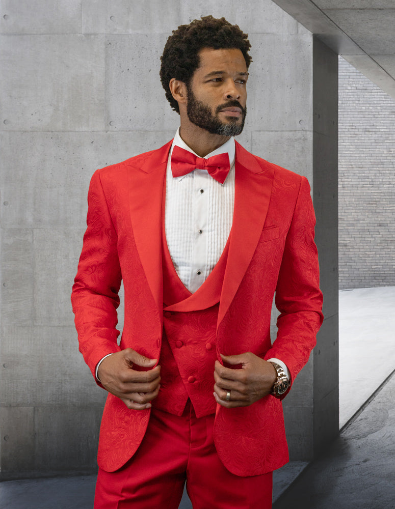 Men’s Red solid 3pc fancy tuxedo tailored fit double-breasted vest matching bow-tie STATEMENT SUITS BELAGIO19