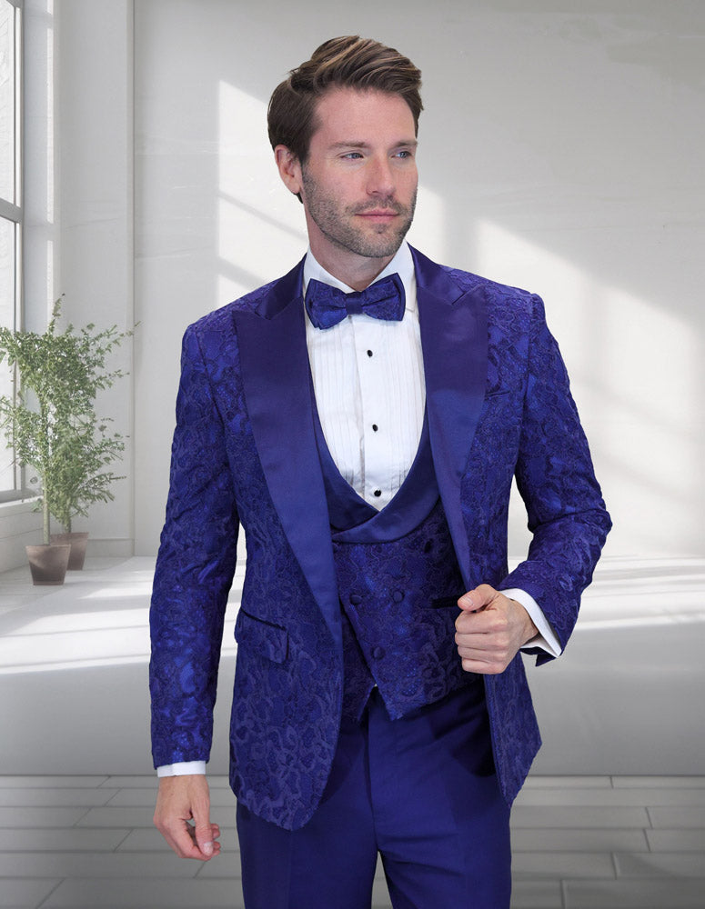 Men’s Sapphire solid 3pc fancy tuxedo tailored fit double-breasted vest matching bow-tie STATEMENT SUITS BELAGIO20