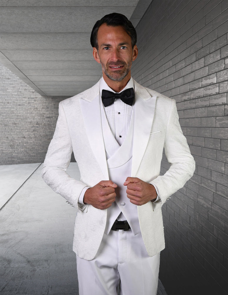 Men’s White solid 3pc fancy tuxedo tailored fit double-breasted vest matching bow-tie STATEMENT SUITS BELAGIO21