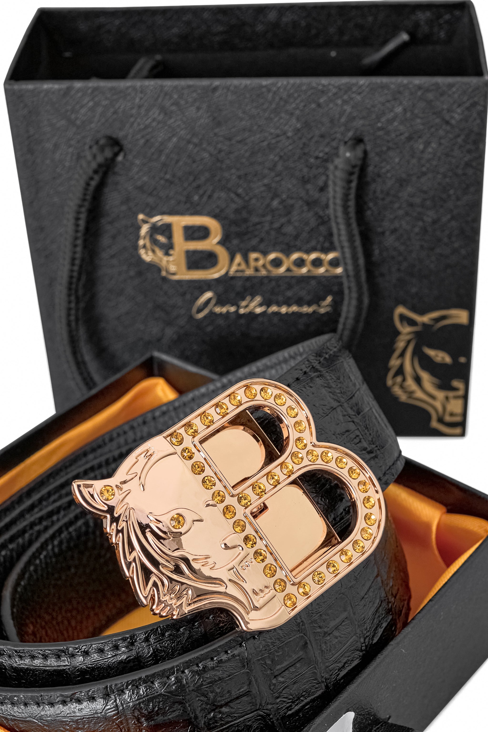Croc-Embossed Leather Auto BKL Belt – Gold Edition GOLD/BLACK