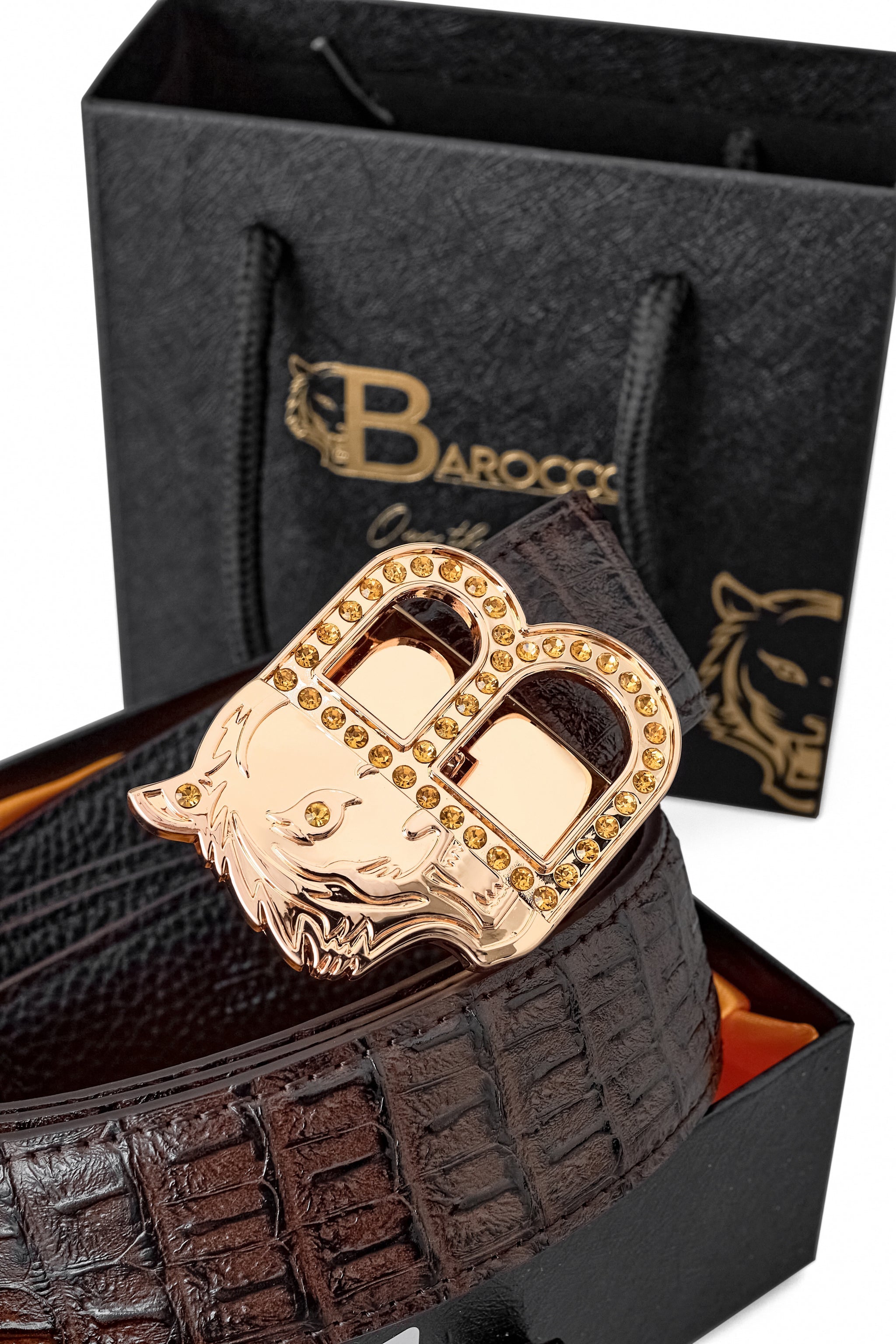 Croc-Embossed Leather Auto BKL Belt – Gold Edition GOLD/COFFEE