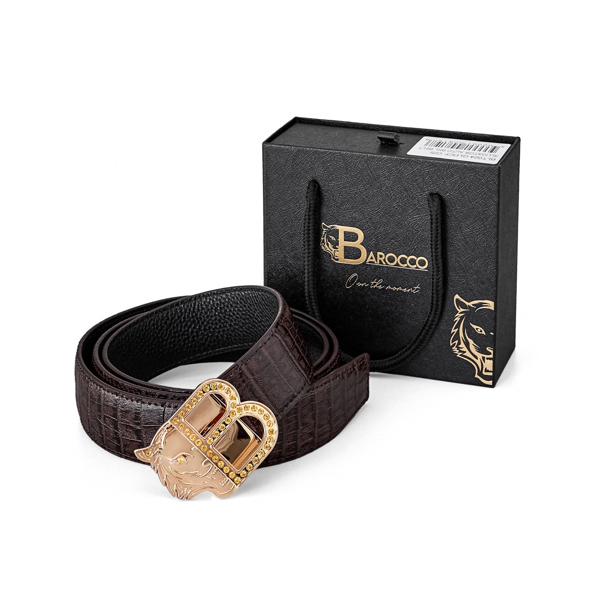 Croc-Embossed Leather Auto BKL Belt – Gold Edition GOLD/COFFEE