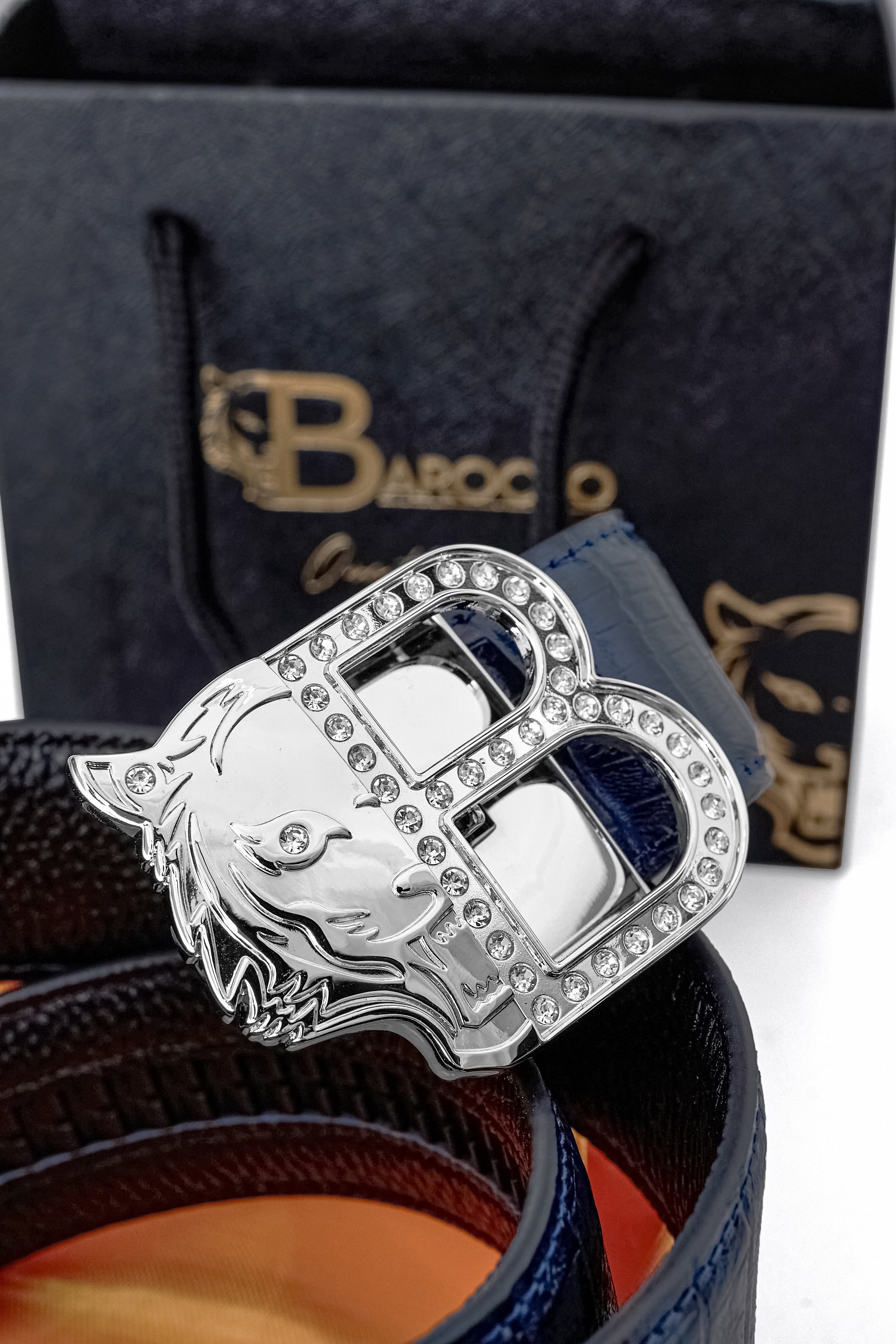 Croc-Embossed Leather Auto BKL Belt – Silver Ed. SILVER/NAVY