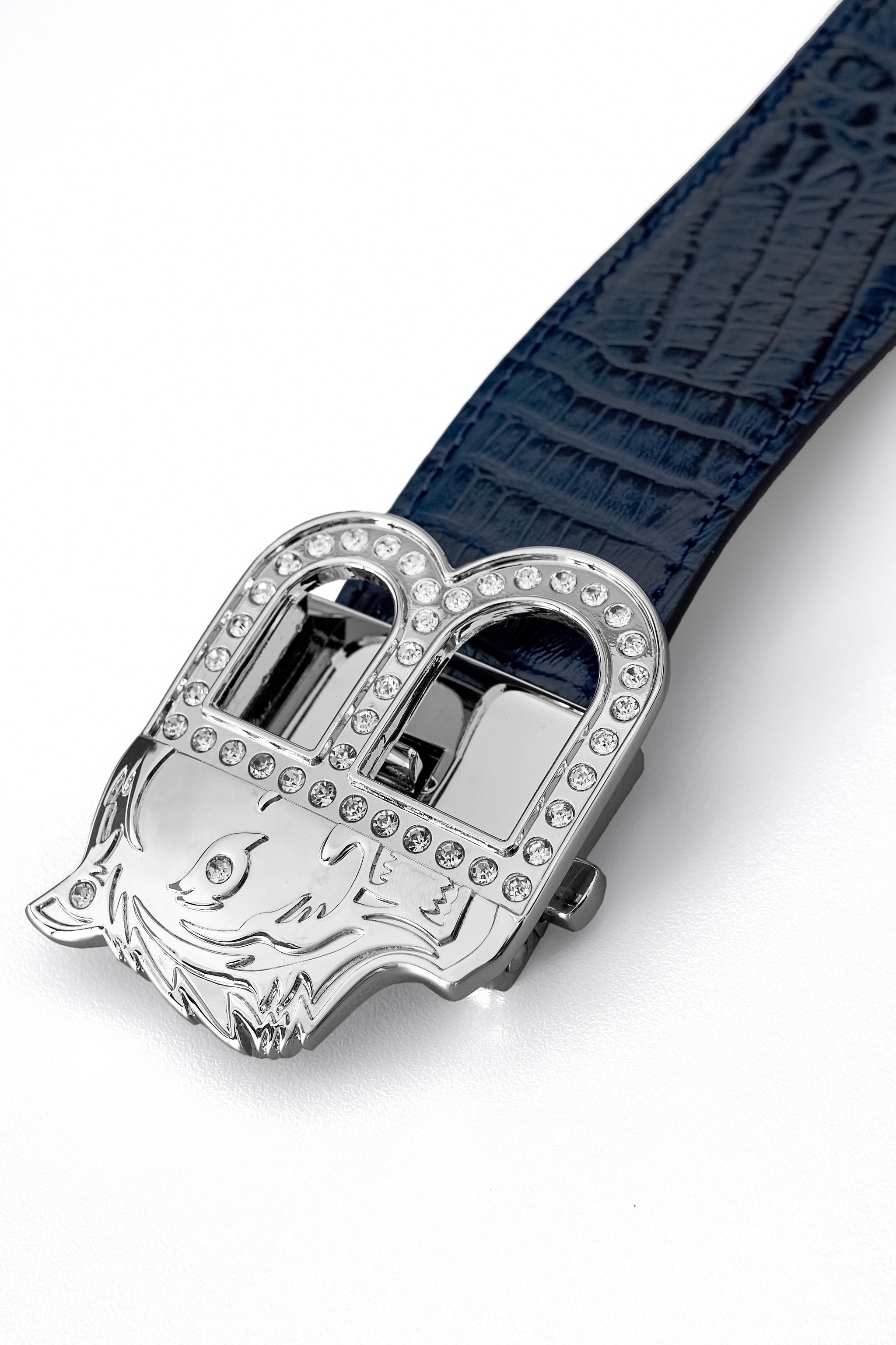 Croc-Embossed Leather Auto BKL Belt – Silver Ed. SILVER/NAVY