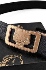 Pebbled Leather Lion Auto BKL Belt – Gold Ed. GOLD/BLACK