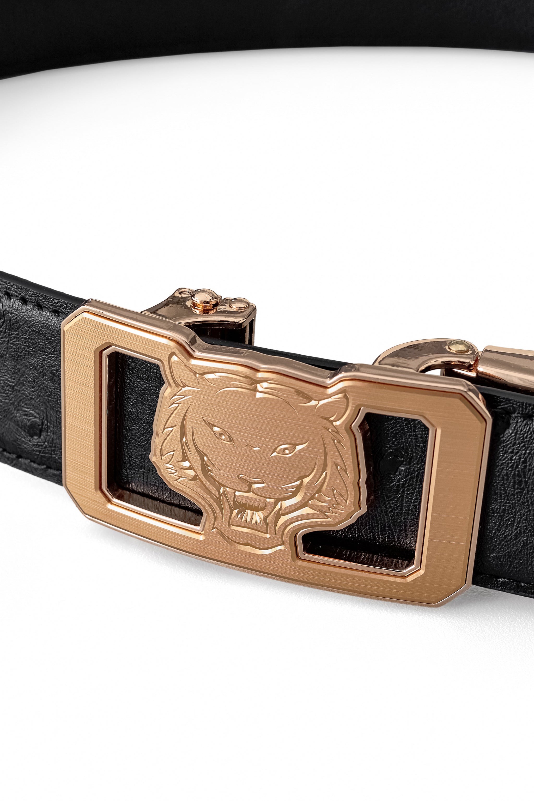 Ostrich-Emb. Leather Lion Auto BKL Belt – Gold Ed. GOLD/BLACK