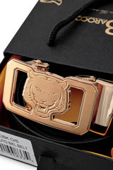 Ostrich-Emb. Leather Lion Auto BKL Belt – Gold Ed. GOLD/BLACK