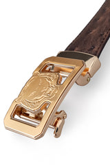 Ostrich-Emb. Leather Lion Auto BKL Belt – Gold Ed. GOLD/COFFEE