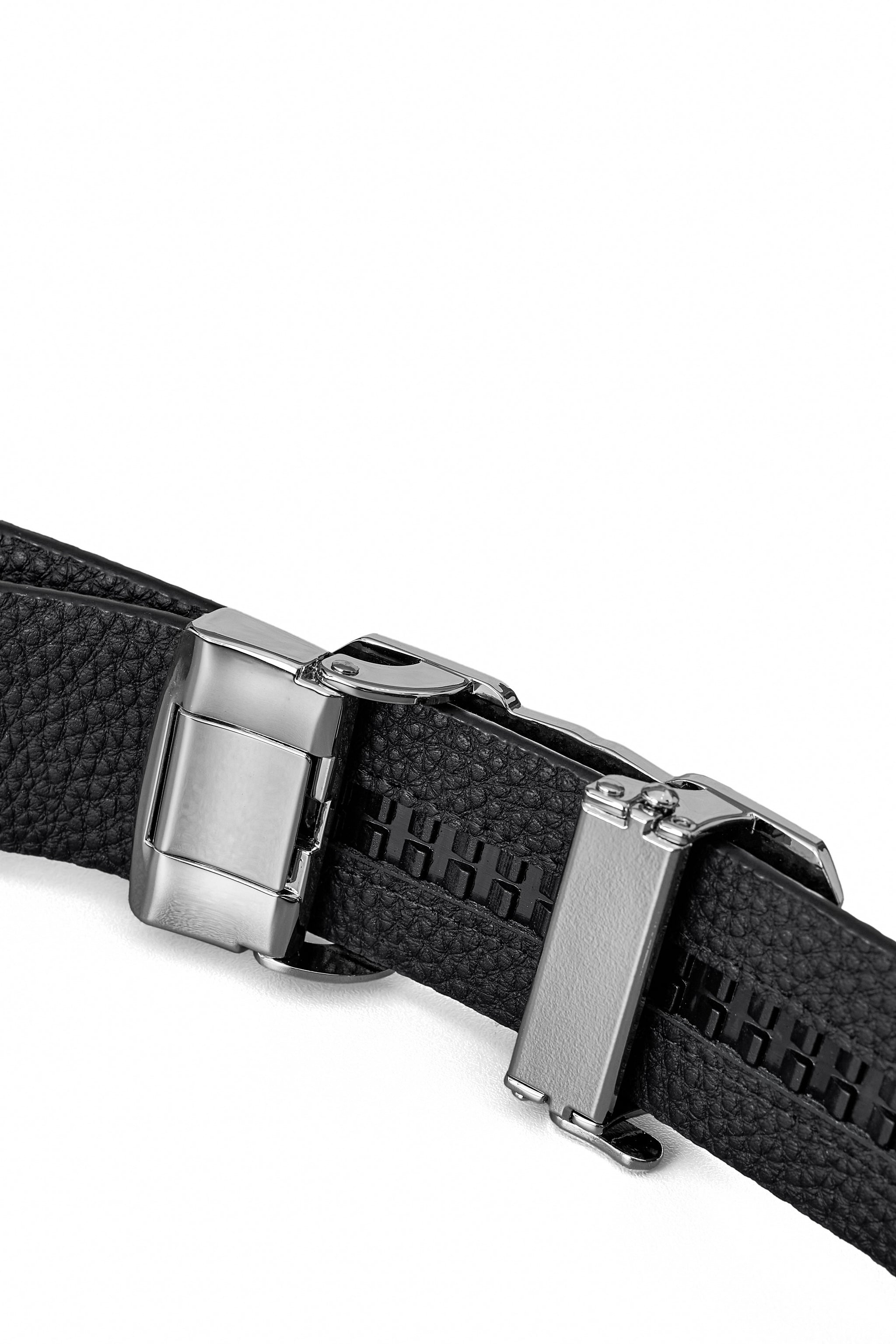 Pebbled Leather Lion Auto BKL Belt – Silver Ed. SILVER/BLACK