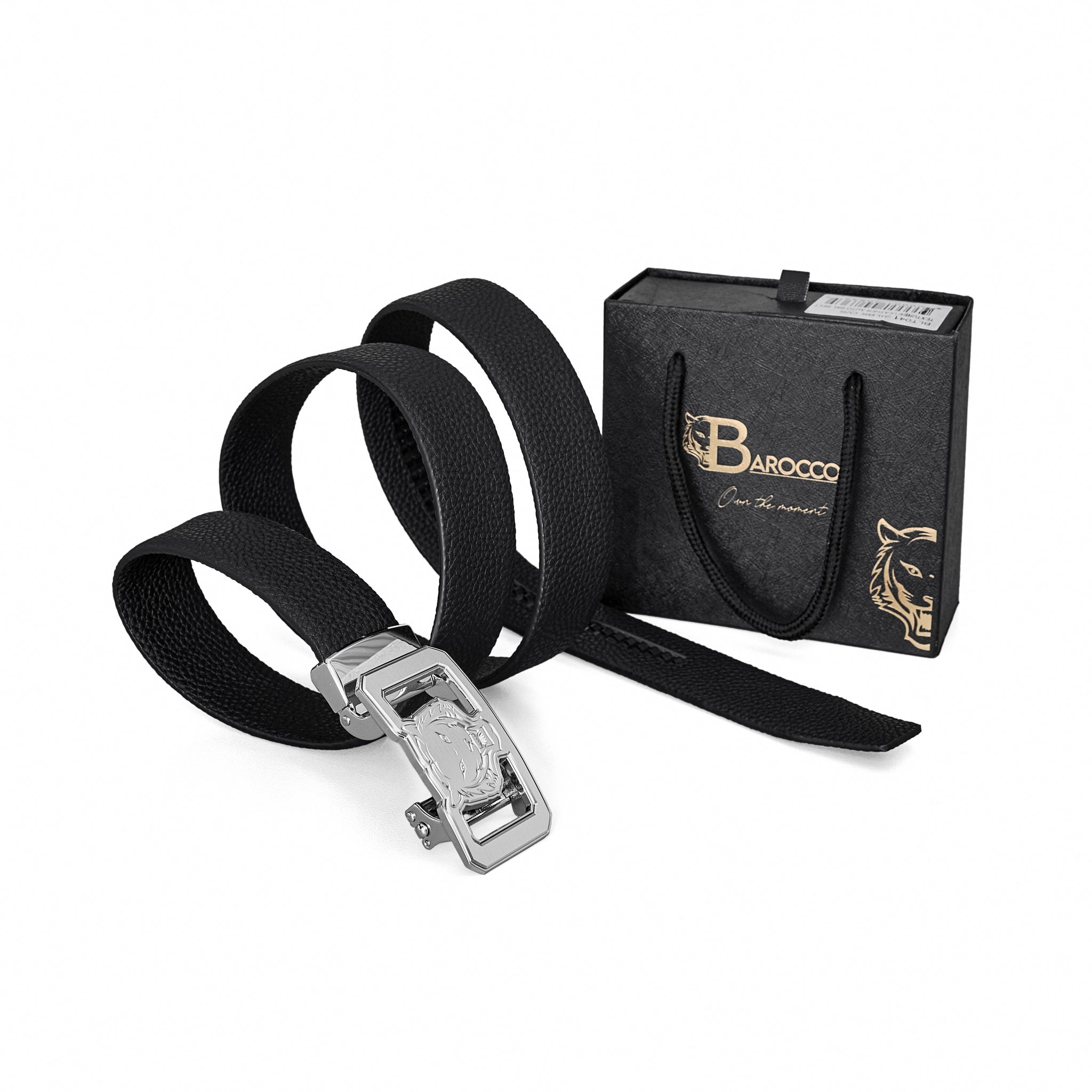 Pebbled Leather Lion Auto BKL Belt – Silver Ed. SILVER/BLACK