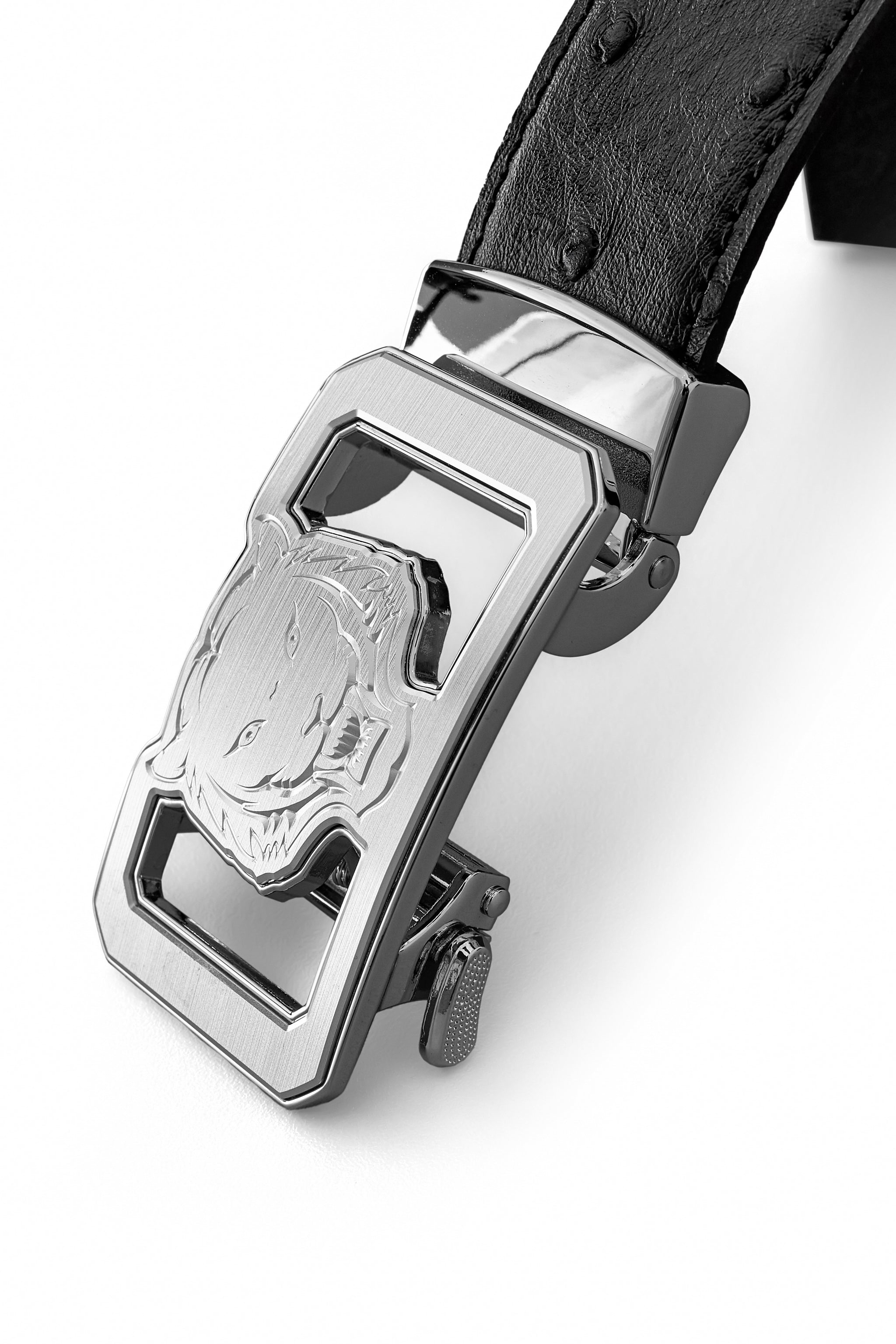 Ostrich Leather Lion Auto BKL Belt – Silver Ed. SILVER/BLACK