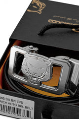 Ostrich Leather Lion Auto BKL Belt – Silver Ed. SILVER/BLACK