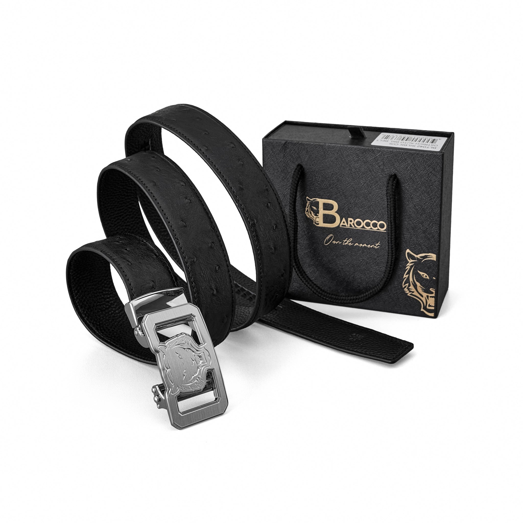 Ostrich Leather Lion Auto BKL Belt – Silver Ed. SILVER/BLACK