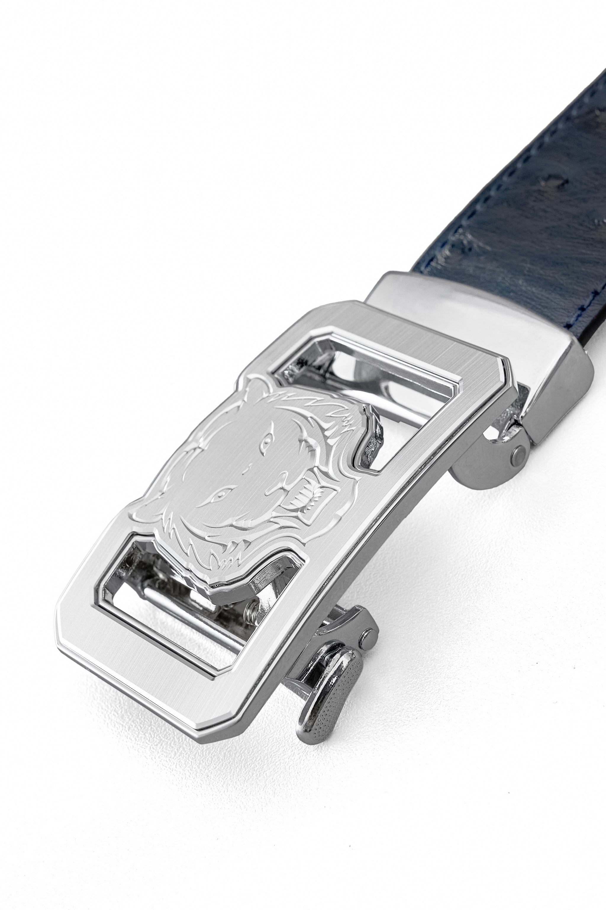 Ostrich-Embossed Leather Lion Auto BKL Belt – Silv SILVER/NAVY