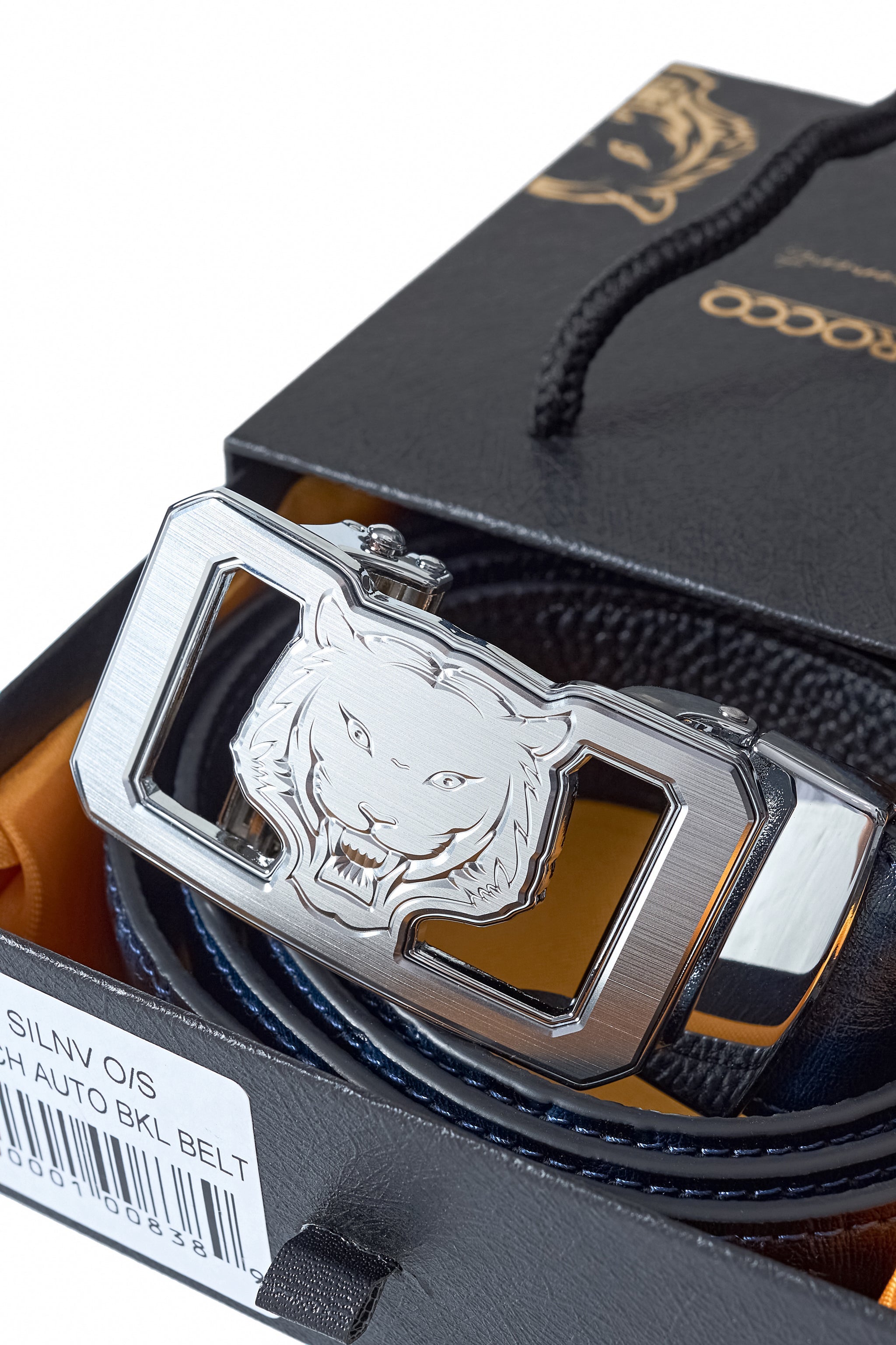 Ostrich-Embossed Leather Lion Auto BKL Belt – Silv SILVER/NAVY