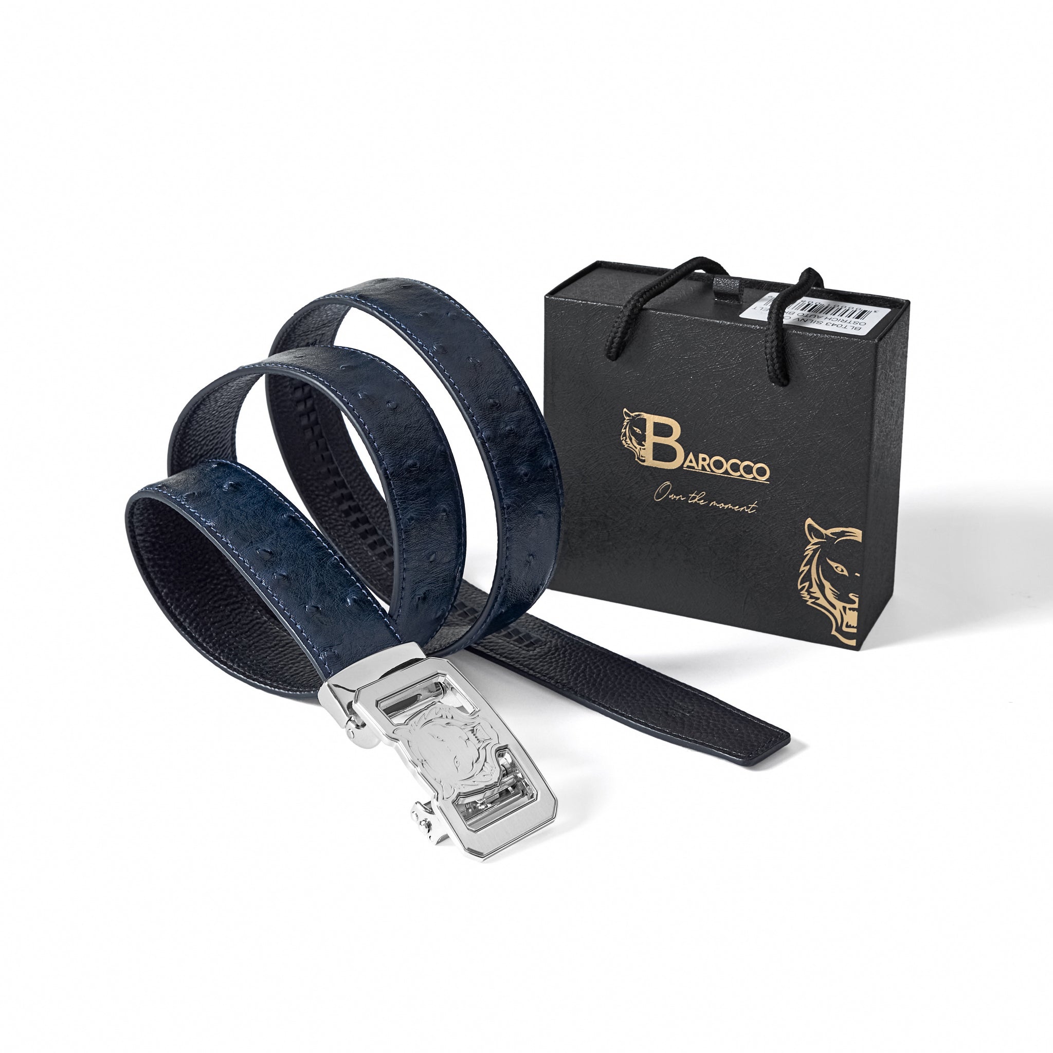 Ostrich-Embossed Leather Lion Auto BKL Belt – Silv SILVER/NAVY