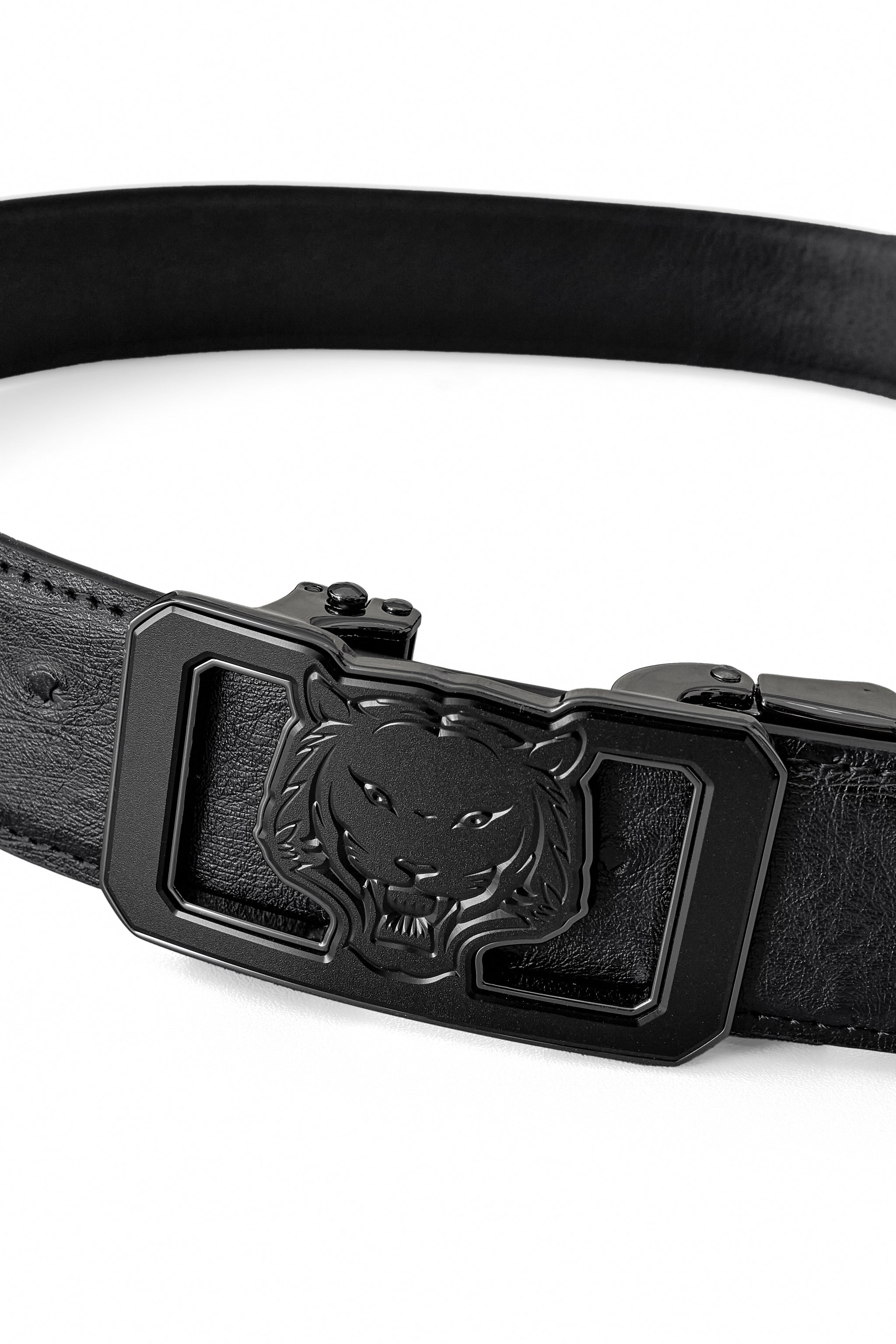Ostrich-Emb Leather Lion Auto BKL Belt – Gunmetal GUN/BLACK