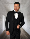 Men’s Black solid 3pc suit tailored fit flat front pants matching bow-tie STATEMENT SUITS CAESAR