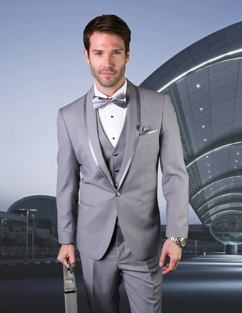 Men’s Grey solid 3pc suit tailored fit flat front pants matching bow-tie STATEMENT SUITS CAESAR