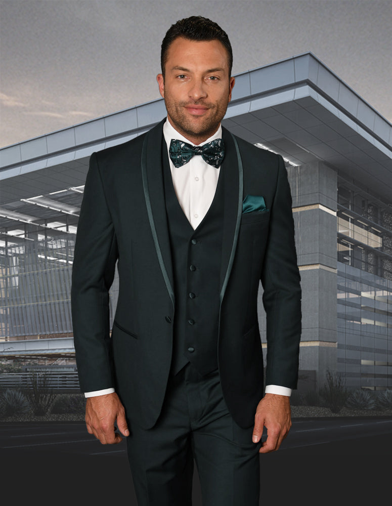 Men’s Hunter solid 3pc suit tailored fit flat front pants matching bow-tie STATEMENT SUITS CAESAR