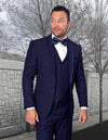 Men’s Navy solid 3pc suit tailored fit flat front pants matching bow-tie STATEMENT SUITS CAESAR