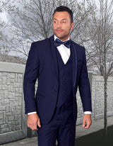 Men’s Navy solid 3pc suit tailored fit flat front pants matching bow-tie STATEMENT SUITS CAESAR