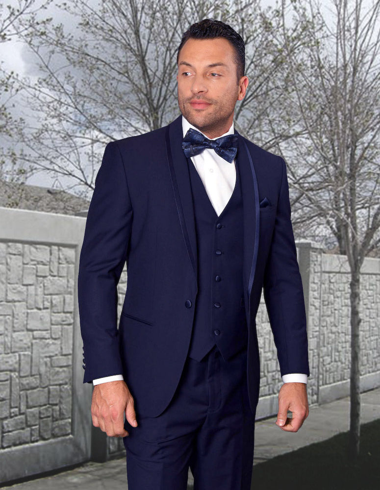 Men’s Navy solid 3pc suit tailored fit flat front pants matching bow-tie STATEMENT SUITS CAESAR