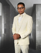 Men’s Off White solid 3pc suit tailored fit flat front pants matching bow-tie STATEMENT SUITS CAESAR