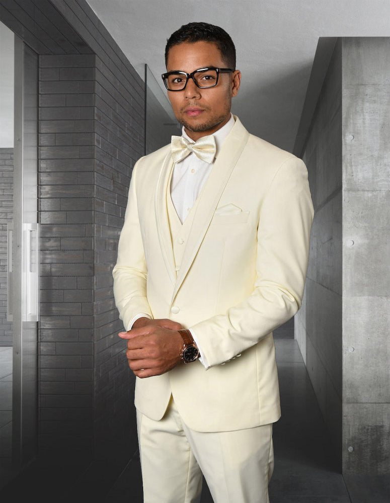 Men’s Off White solid 3pc suit tailored fit flat front pants matching bow-tie STATEMENT SUITS CAESAR