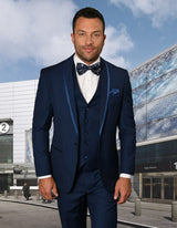 Men’s Sapphire solid 3pc suit tailored fit flat front pants matching bow-tie STATEMENT SUITS CAESAR