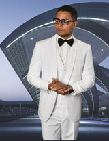 Men’s White solid 3pc suit tailored fit flat front pants matching bow-tie STATEMENT SUITS CAESAR