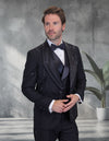 Men’s Black 3pc tuxedo Italian wool modern fit flat front pants stone embellishments STATEMENT SUITS CHIC