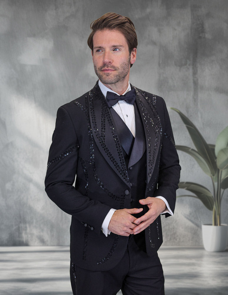 Men’s Black 3pc tuxedo Italian wool modern fit flat front pants stone embellishments STATEMENT SUITS CHIC