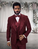 Men’s Burgundy 3pc tuxedo Italian wool modern fit flat front pants stone embellishments STATEMENT SUITS CHIC
