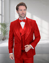 Men’s Red 3pc tuxedo Italian wool modern fit flat front pants stone embellishments STATEMENT SUITS CHIC