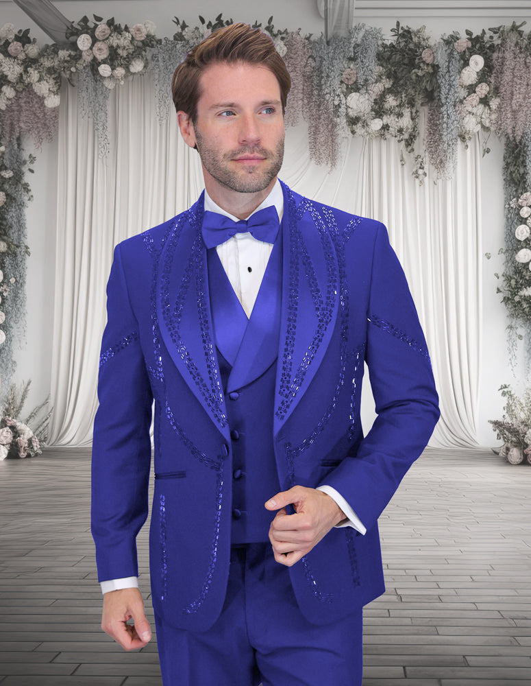 Men’s Royal 3pc tuxedo Italian wool modern fit flat front pants stone embellishments STATEMENT SUITS CHIC